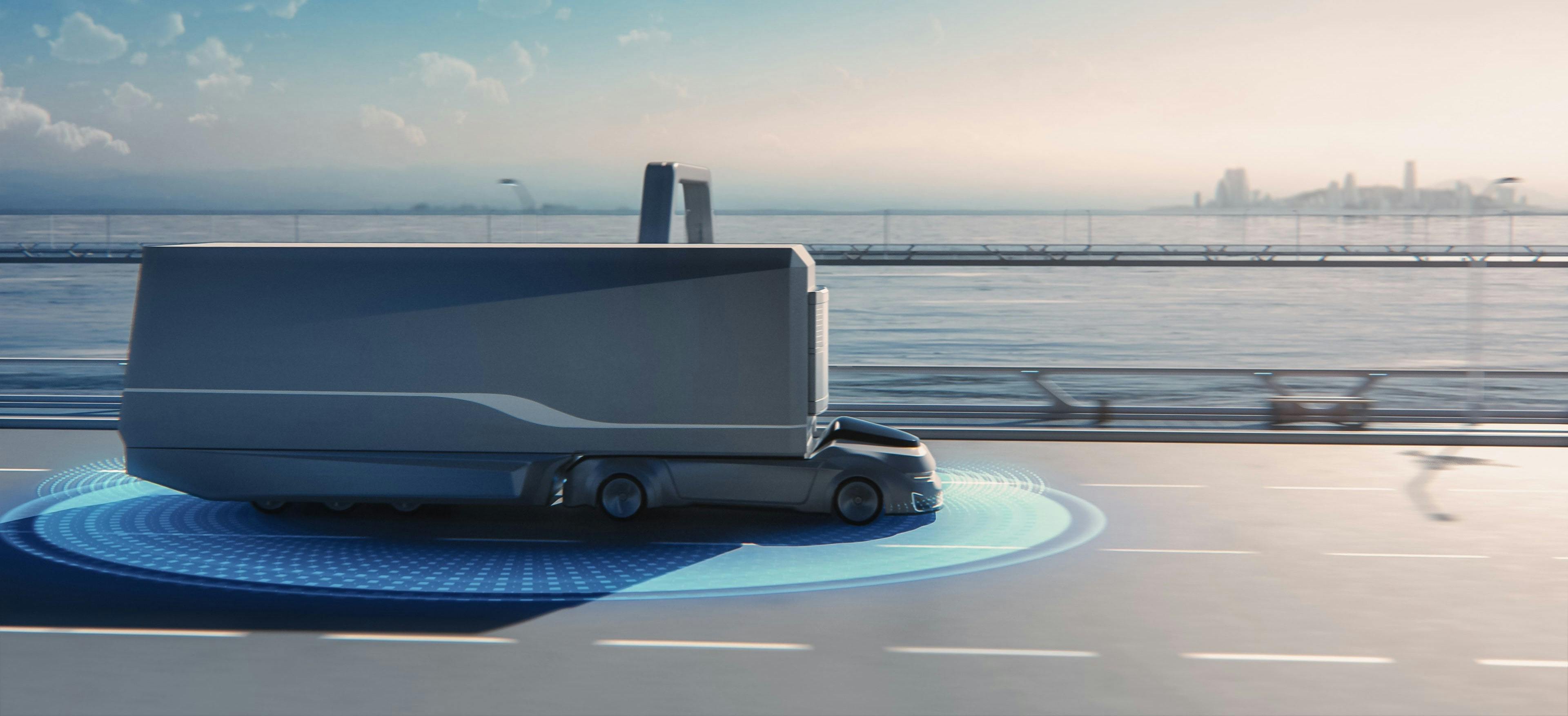 Futuristic rendering of driverless commercial truck with SuperDrive L4 Self Driving System