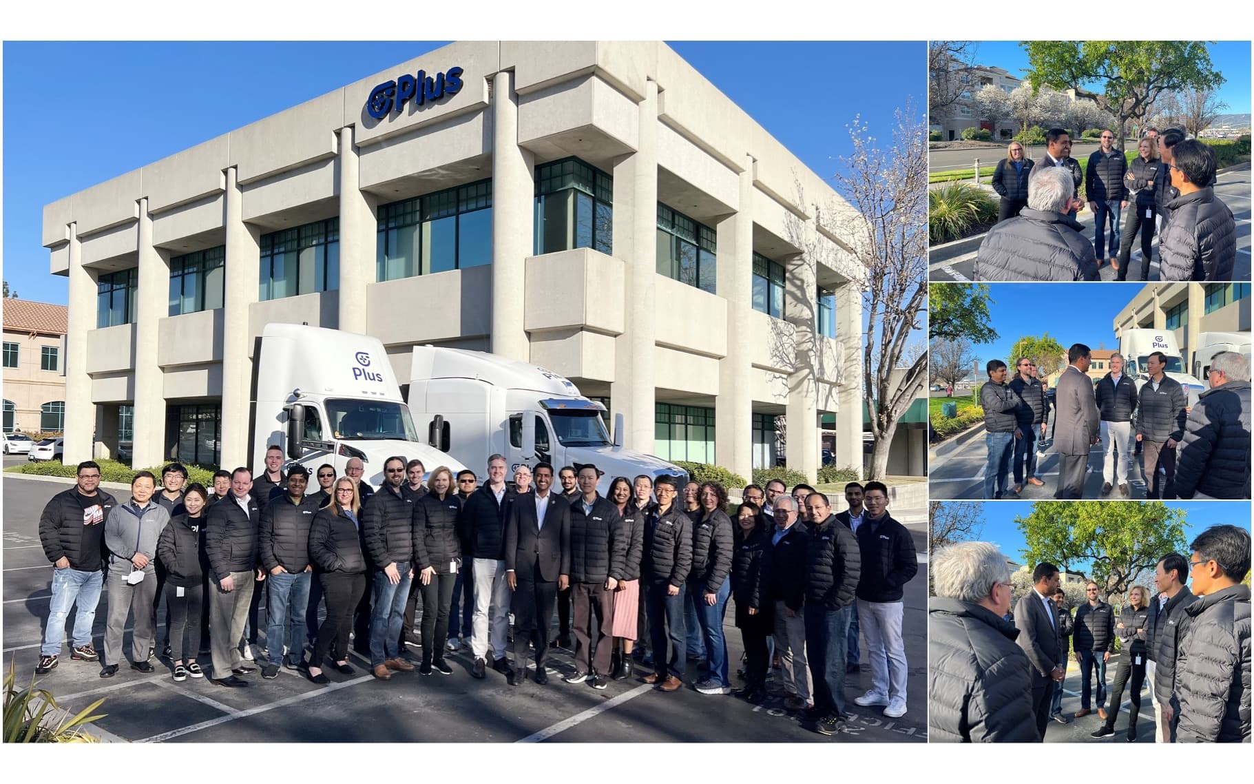 Congressman Ro Khanna at Plus headquarters with Plus employees in office parking lot in front of two Plus trucks