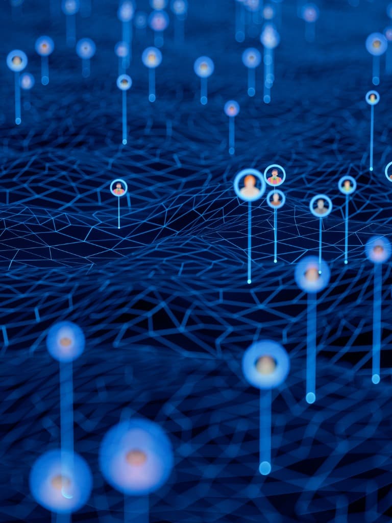 3D illustration of pins on a topographic map, each pin has a unique person icon