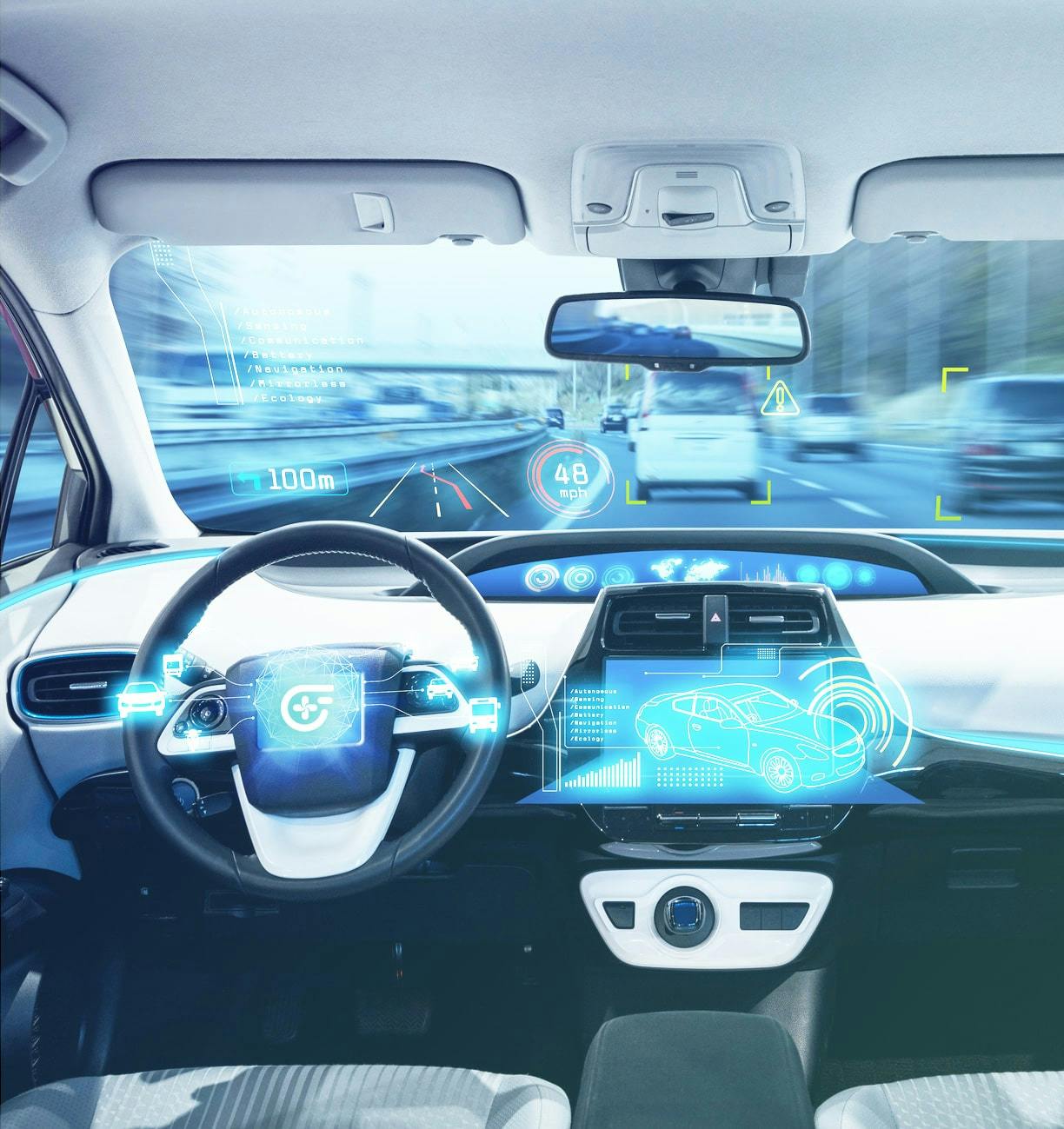 Interior of autonomous car with illustrated graphics showing key data points like speed, objects identification, directions, and sensors