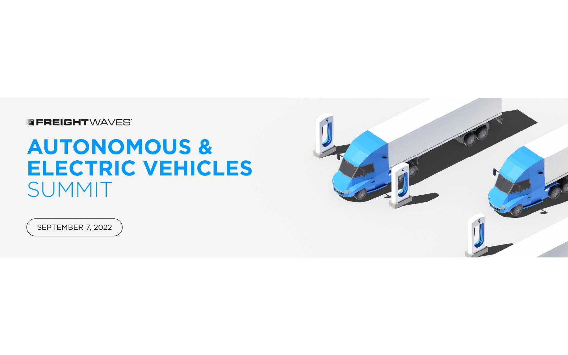 Autonomous & Electric Vehicle Summit logo with illustrated trucks charging