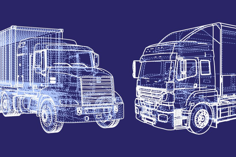 Blueprint illustration of two commercial semi trucks