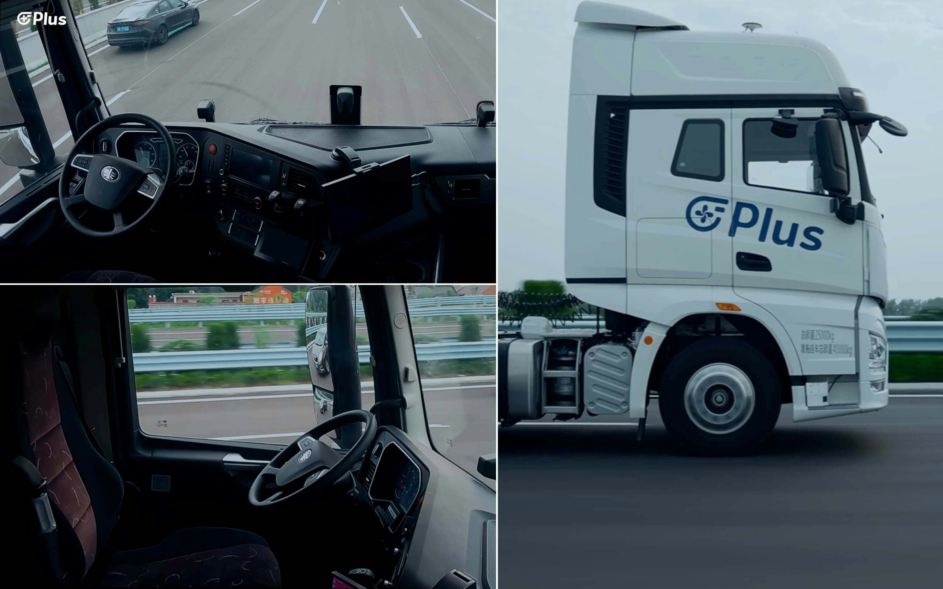 Plus Autonomous truck on highway showing no driver in driver seat