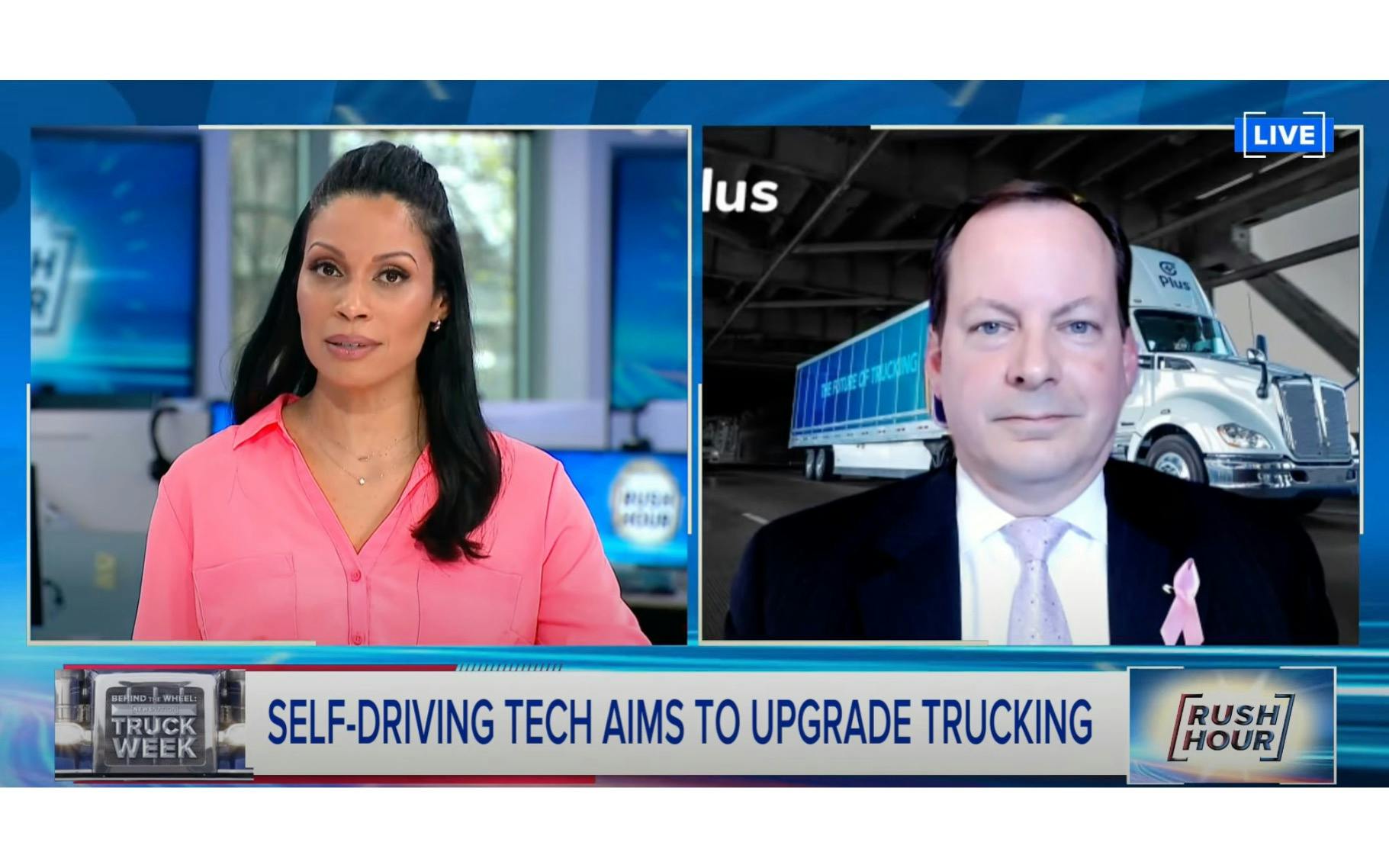 Television news screen of story Self-Driving tech aims to upgrade trucking
