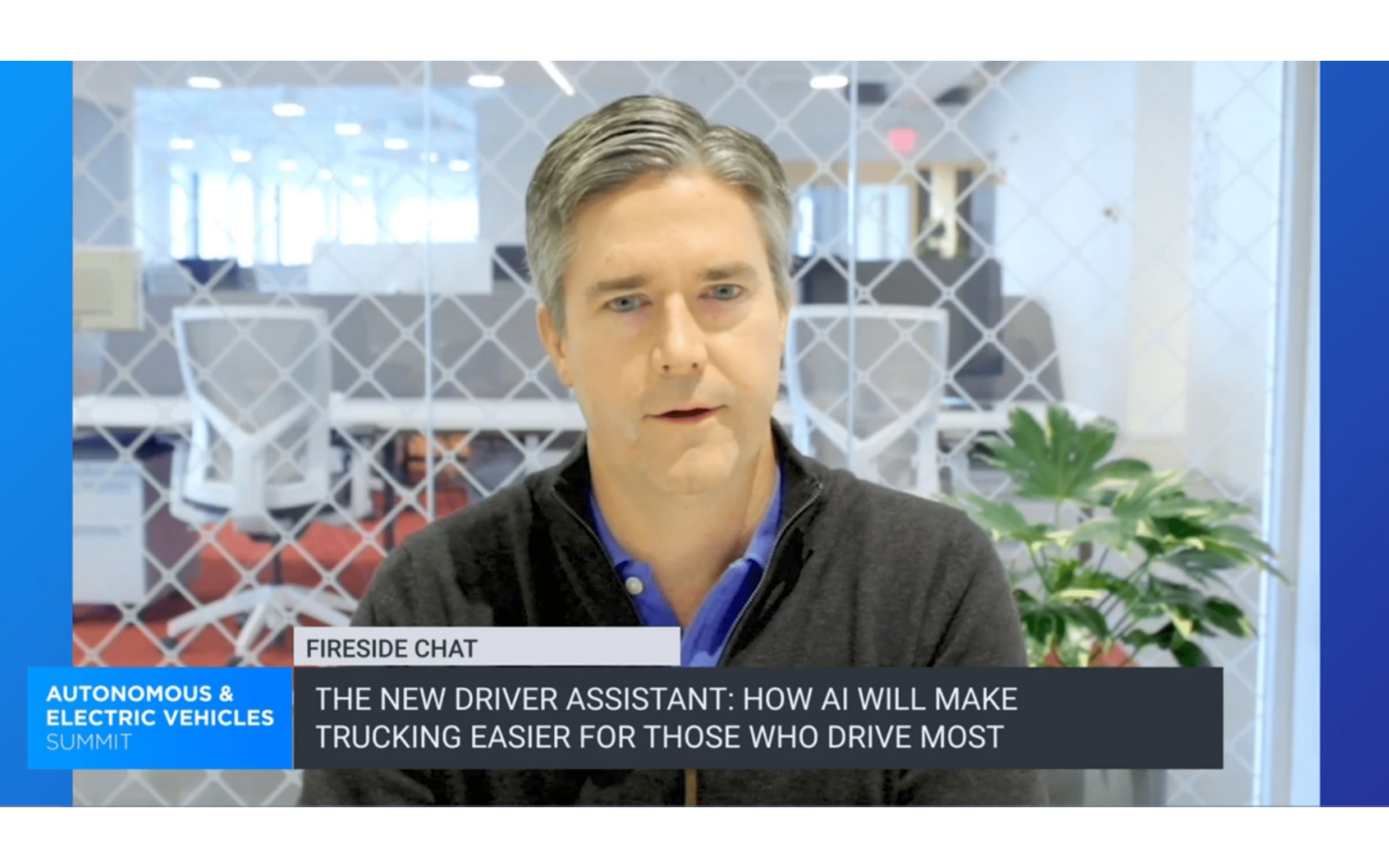 Poster from video from Autonomous & Electric vehicles summit topic: The new driver assistant; How AI will make trucking easier for those who drive most